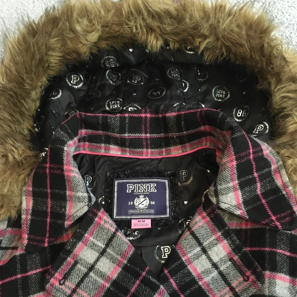 Y2K~PINK Victoria’s Secret Pink Plaid wool coat M - Picture 5 of 9